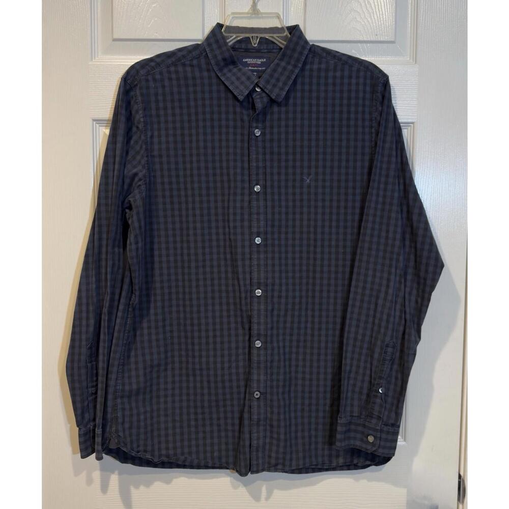 American Eagle Mens XL Slim Fit Blue Black Plaid Button Down Cotton Shirt